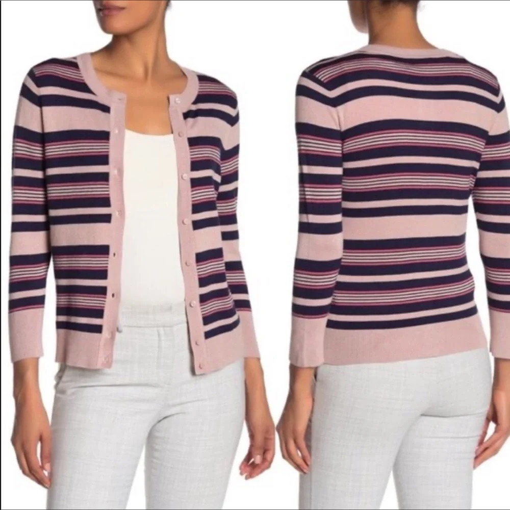 Halogen Nordstrom Stripe Crewneck Cardigan Sweater M v6x